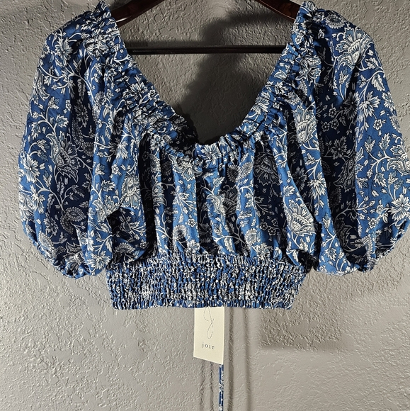 Joie Smocked Puff Sleeve Cropped Blouse Tassel Top NWT Small - Picture 3 of 9